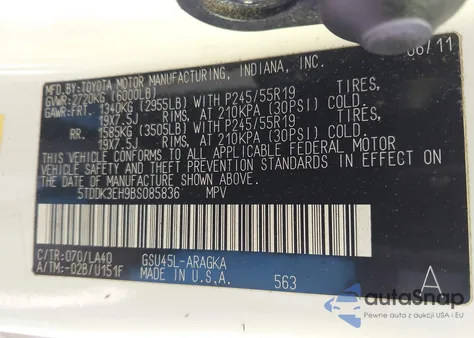 2011 Toyota Highlander Limited V6 from USA, damaged, VIN 5TDDK3EH9BS085836